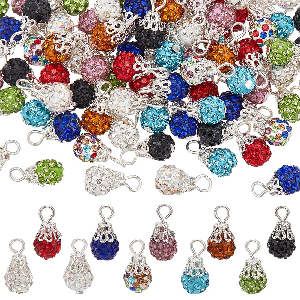 PH PandaHall 100pcs 10 Colors Crystal Beads Charms 8mm Rhinestone Pendants Polymer Clay Crystal Disco Ball Charms Round Clay Pave Pendants for Jewellery Making Necklace Earring Christmas Decoration
