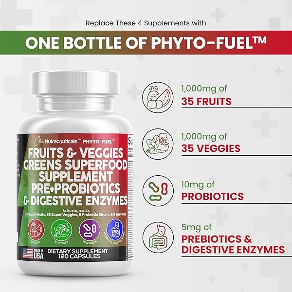 CLEAN NUTRACEUTICALS FRUITS AND VEGGIES SUPPLEMENT REDS & GREEN SUPERFOOD – BALANCE OF OVER 70 FRUIT & VEGETABLE SUPPLEMENTS CAPSULES WITH PROBIOTICS PREBIOTICS DIGESTIVE ENZYMES – 120 CT USA