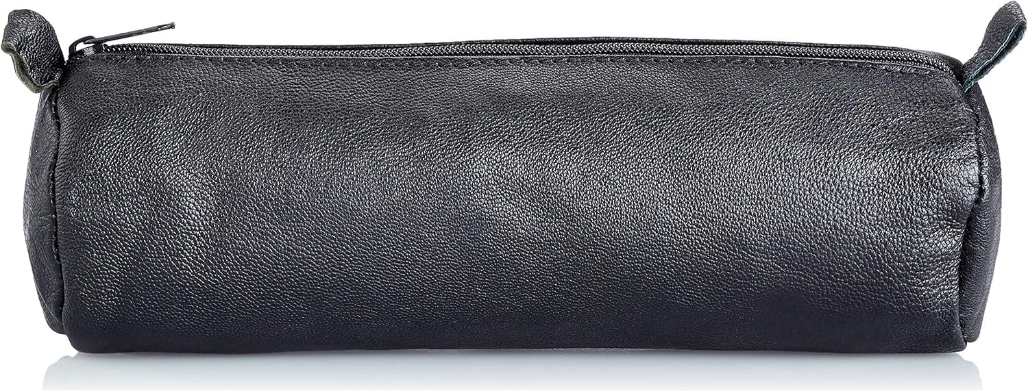 Alassio 43031 Pencil Case Real Leather Black Approx. 21 x 6 cm Round Pencil Case with Zip