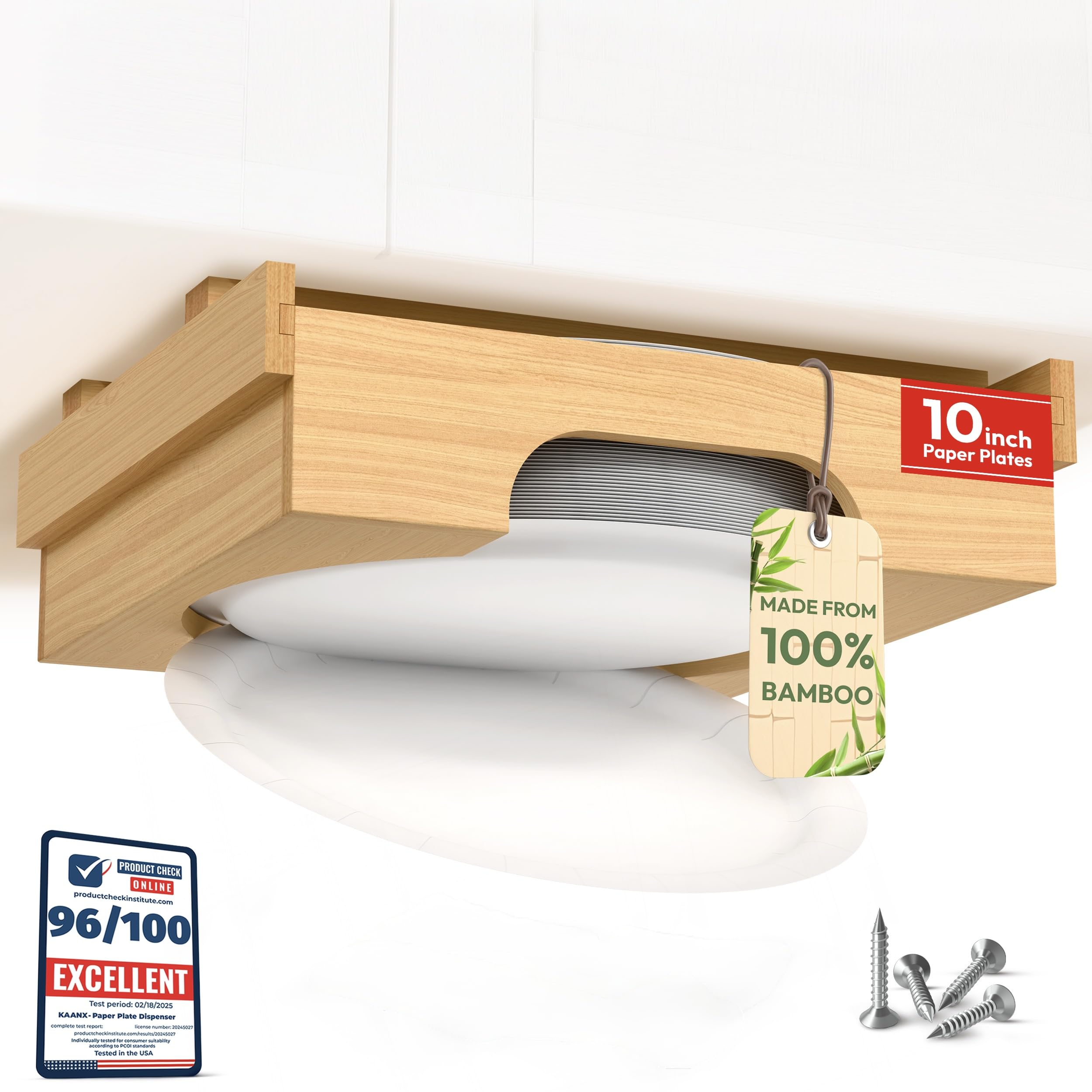 Photo 1 of 10 inch Paper Plate Dispenser Holder Bamboo Under Cabinet Vertical Rack for Kitchen Countertop Organizer Space Saver Shelf Lid Holder Counter Storage Can Dispenser Pantry Aid Caddy Estante