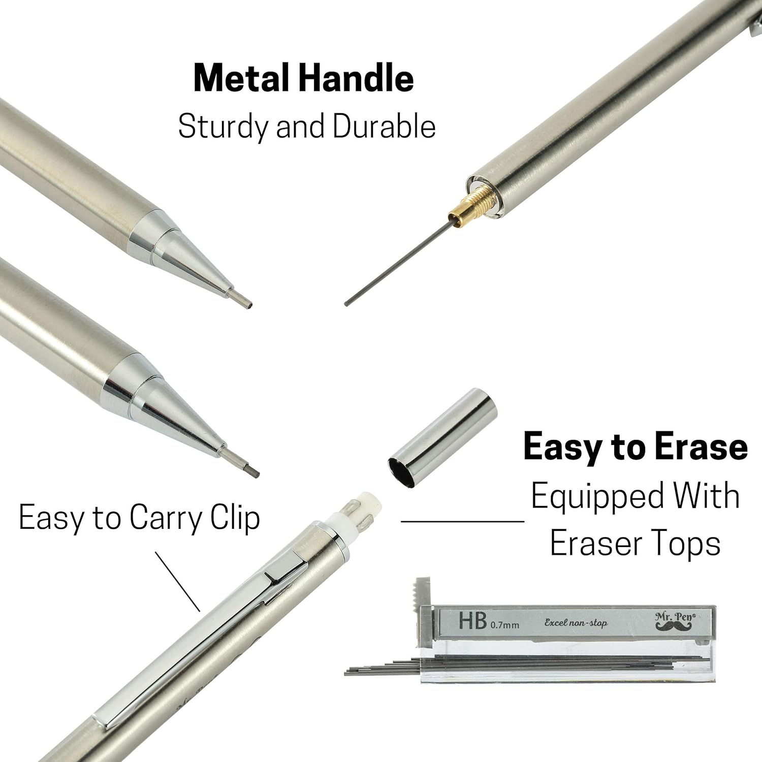Mr. Pen- Metal Mechanical Pencil Set with Lead and Eraser Refills, 5 Sizes, 0.3, 0.5, 0.7, 0.9, 2mm, Drafting, Sketching, Architecture, Drawing Mechanical Pencils, Metal Mechanical Pencils : Office Products