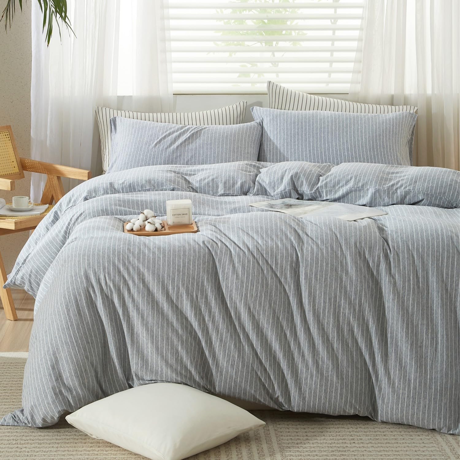 Photo 1 of LIFETOWN Striped Duvet Cover Set 100% Jersey Knit Cotton T-Shirt Feel Ultra Soft Wrinkle-Free (Heathered Light Grey White Stripes, Queen)