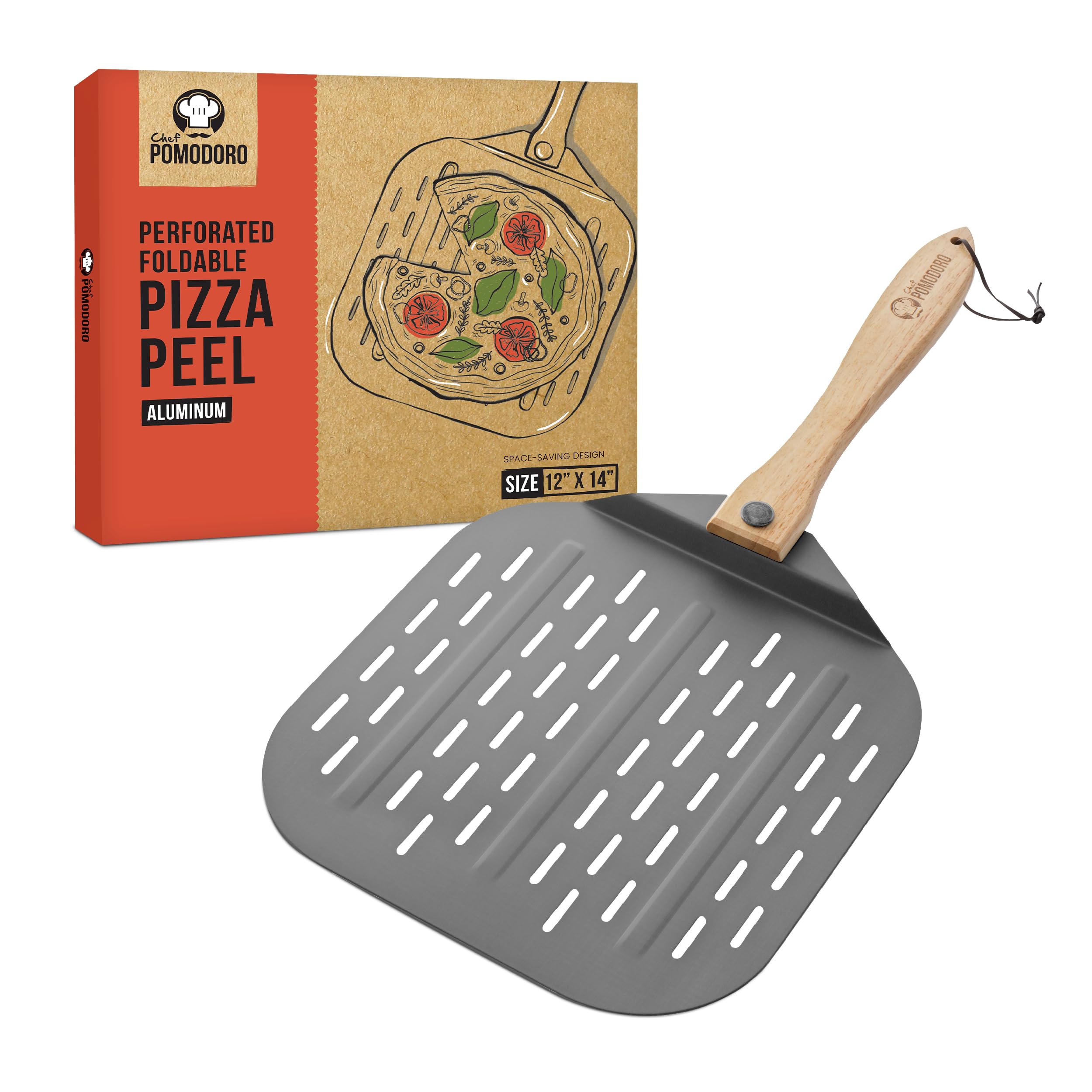 Chef Pomodoro Perforated Aluminum Metal Pizza Peel with Foldable Wood Handle for Easy Storage, Pizza Spatula, Premium Pizza Paddle with Holes for Baking Homemade Pizza and Artisan Breads (30 x 36 cm)