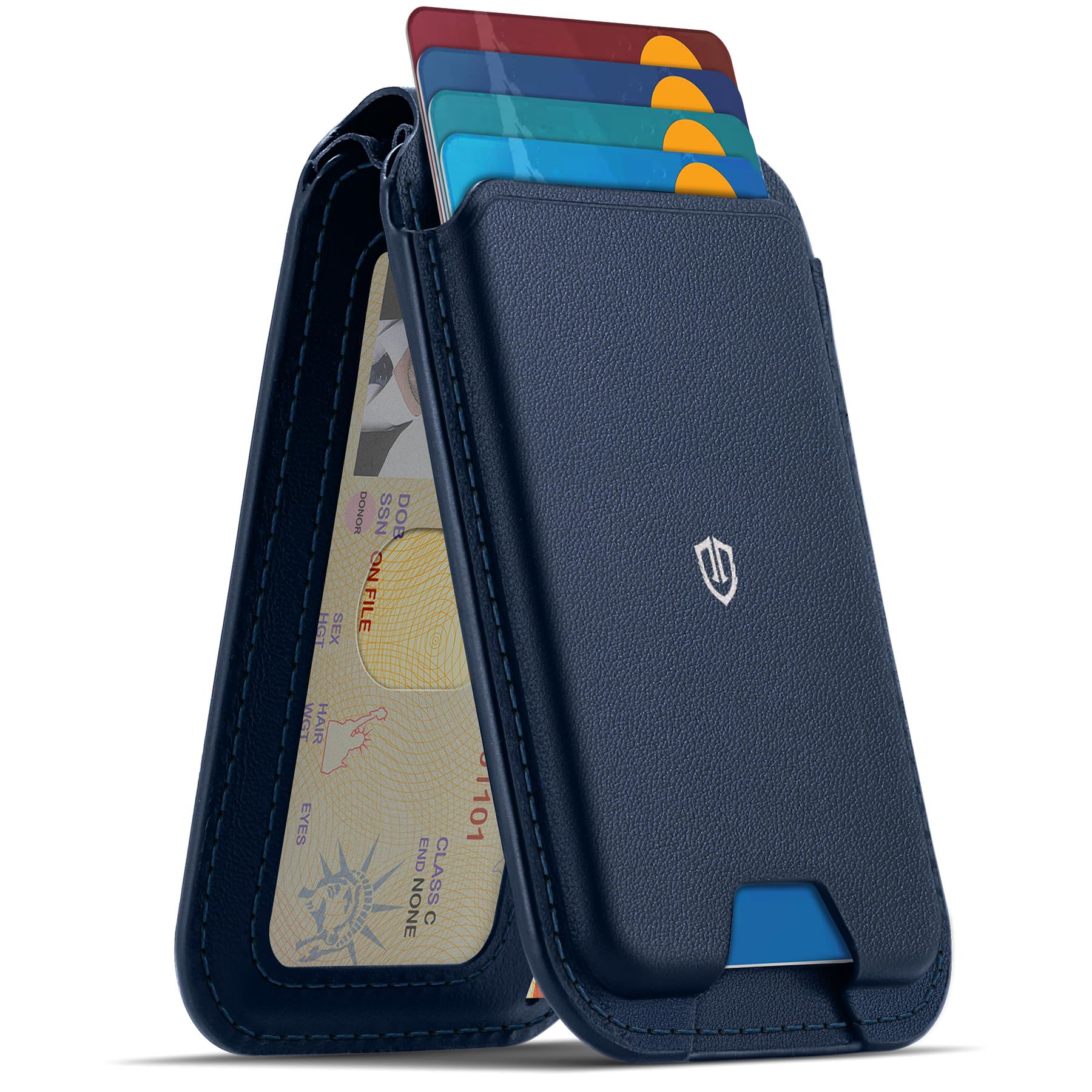 Photo 1 of SHIELDON Genuine Leather Strong Magnetic Wallet for Magsafe, Adjustable Stand 6 Card Holders, RFID Blocking, Mag Wallet Compatible with iPhone 17/16/15/14/13/12 Series & Magnetic Case - Navy Blue