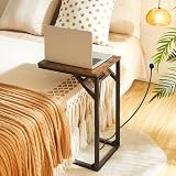 HOOBRO C Shaped Side Table with Charging Station Rustic Brown Black view 5