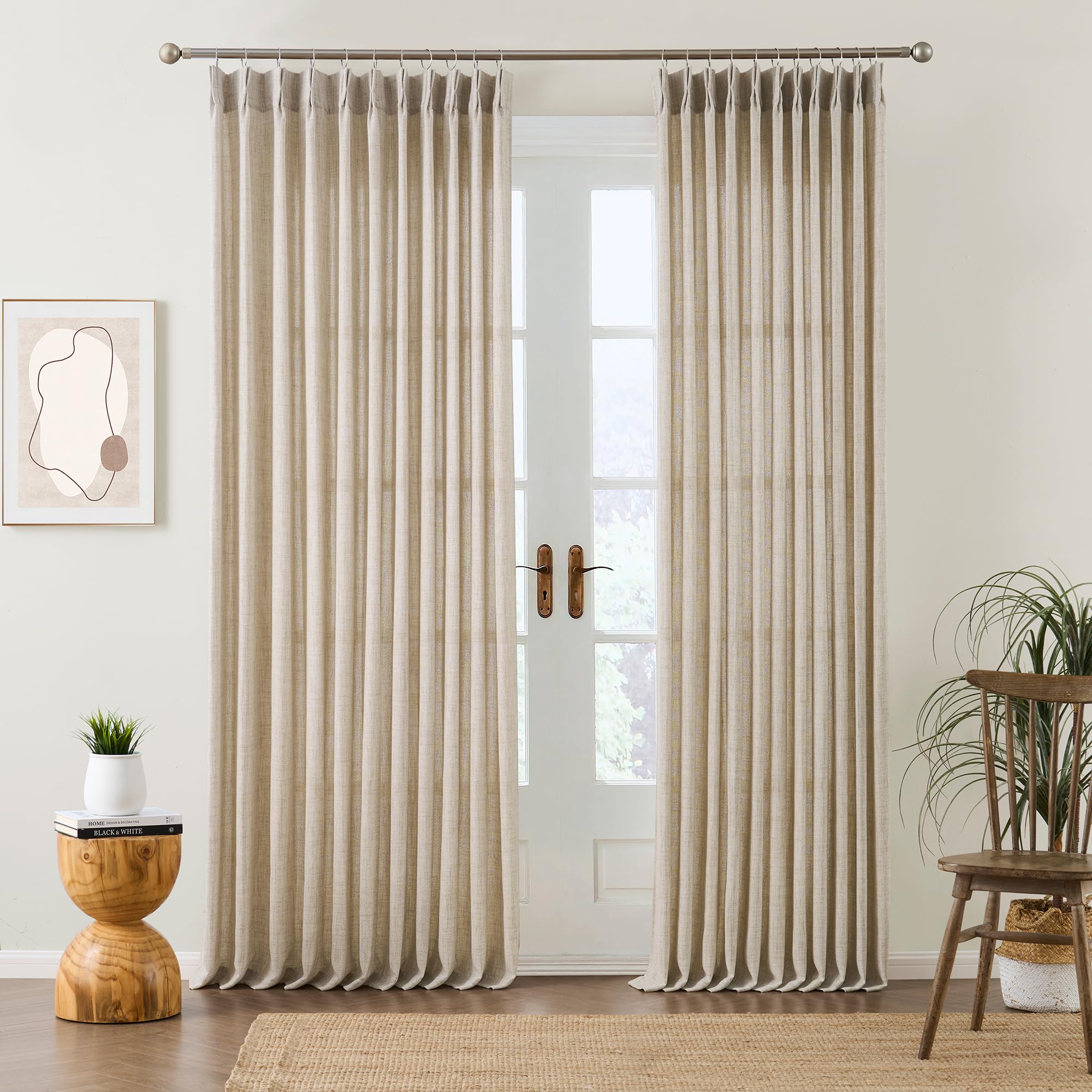 Photo 1 of Beige Sheer Pinch Pleated Curtains 108 Inches Long 2 Panels,Back Tab Pleated Drapes Hooks Thick Linen Textured Boho Farmhouse Curtain for Dining Bedroom 70 Inch Wide Each Panel