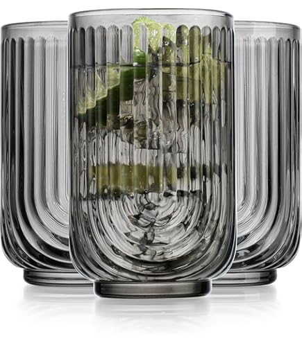 WeirdUncle Set Of 8 Ribbed Glass Cups With Crystal Base,4 Highball Glasses 18oz & 4 Rocks Drinking Glasses 9oz, Art Deco, For Water, Iced Coffee, Cocktail, Juice, Whiskey, Wine, Gift