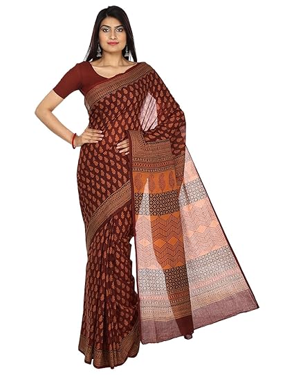 Finest Quality Cotton - Handmade Orange and Maroon Booti - Bagh Block Print Saree with Blouse Piece