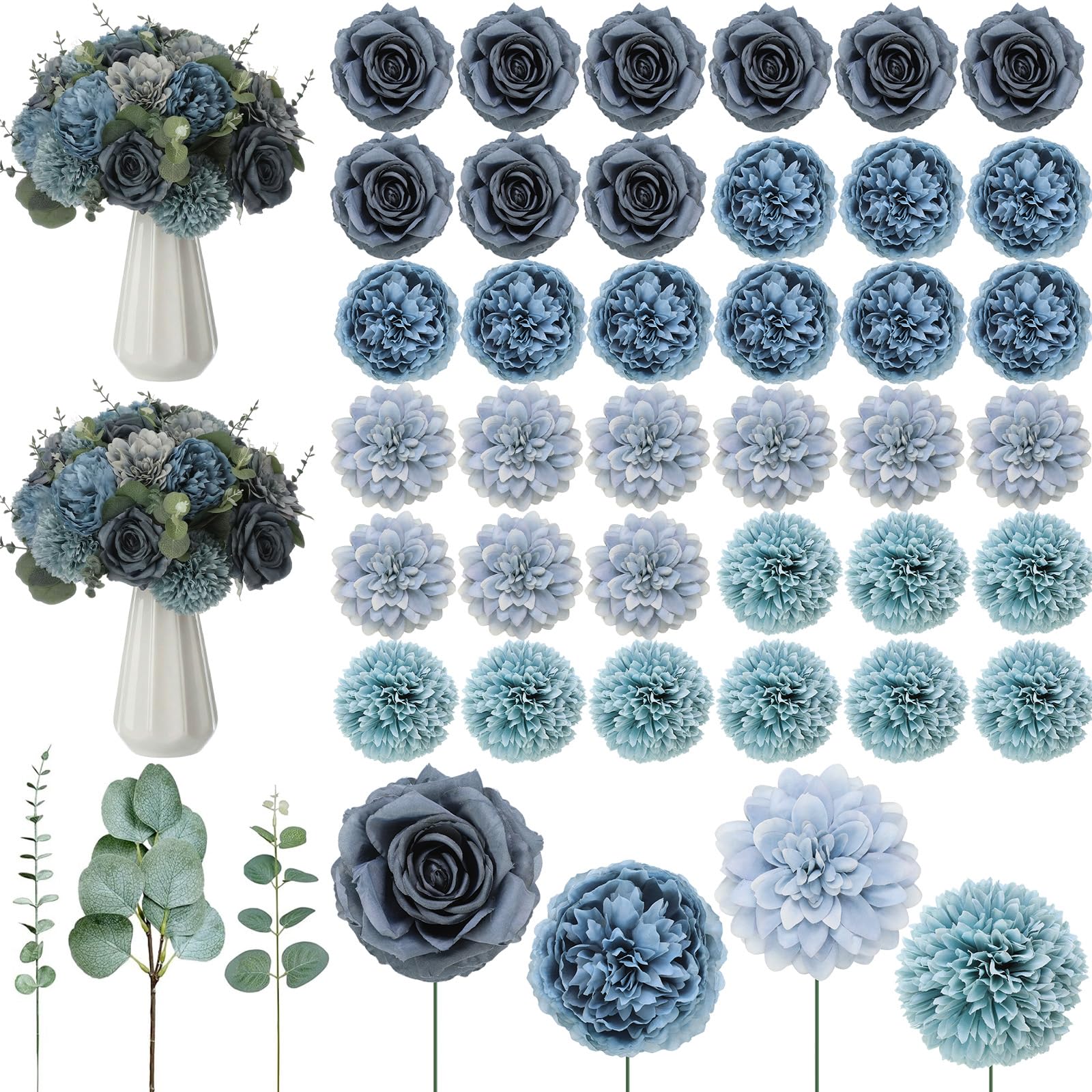 Photo 1 of Suncalla 98 Pcs Artificial Flowers Bouquet Assorted Faux Flowers Heads with Stem Eucalyptus Leaves Silk Floral Table Centerpiece for DIY Wedding Party Wreath Home Decor(Dusty Blue)