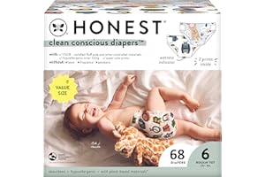 The Honest Company Clean Conscious Diapers for Sensitive Skin | Hypoallergenic, Fragrance Free | Gender Neutral Prints | Super Club Box, Size 6 (35+ lbs), 68 Count (Prints May Temporarily Vary)