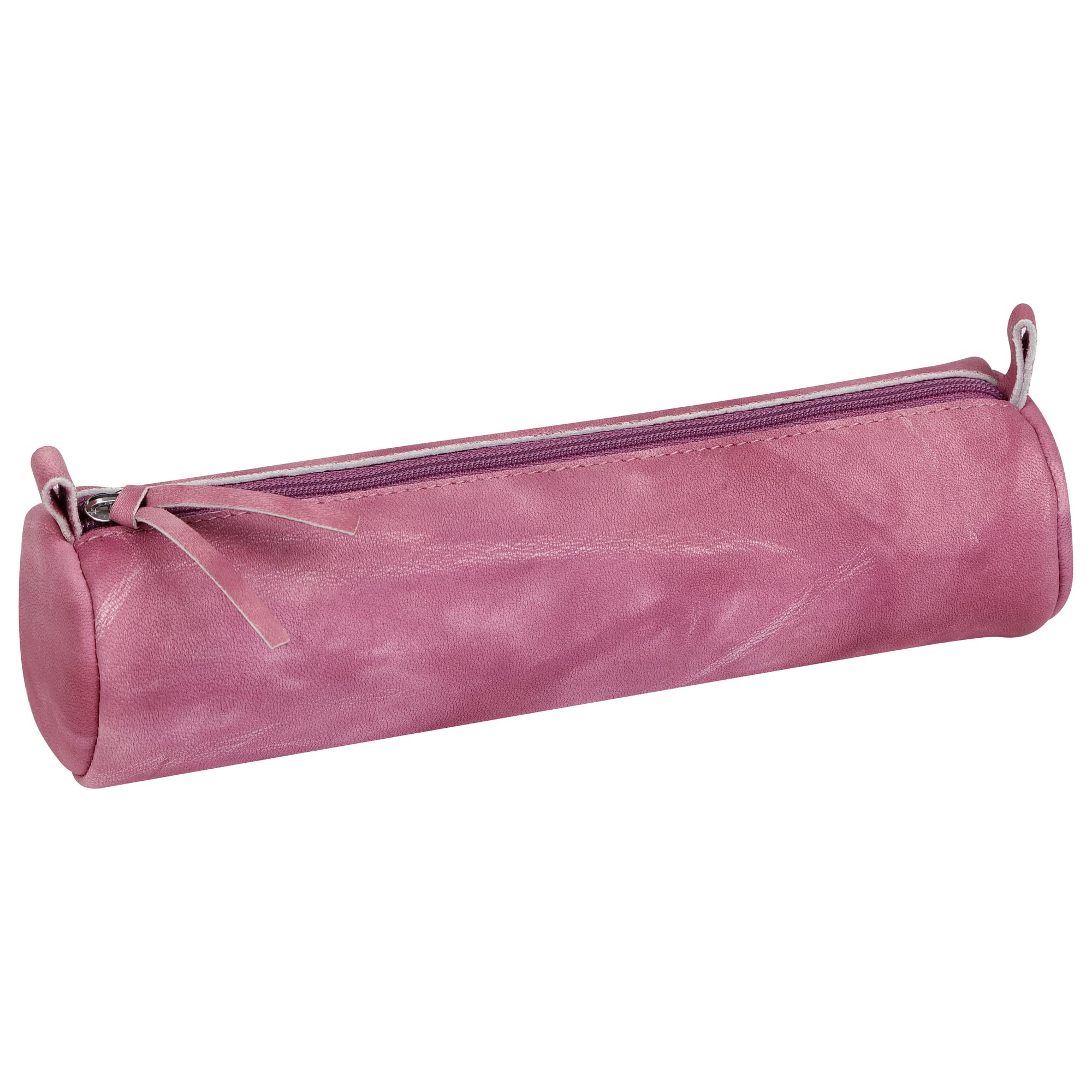 Clairefontaine - Ref 410174C - Tie & Dye Leather Round Pencil Case - 22 x 5.5cm, Made From Genuine Lambskin Leather, Metal Zip With Leather Puller - Purple Pink