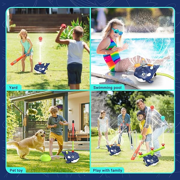 4-IN-1 WHALE WATER SPRINKLER BASEBALL SET FOR KID,SUMMER WATER TOY WITH 3 JETS, 4 BALLS AND ROCKET LAUNCH GAME, KIDS SPRINKLERS WITH 360° ROTATING SPRINKLER,OUTDOOR WATER TOYS FOR KIDS AGE 3+ YEARS