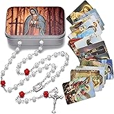 SZQCZB Rosary Beads Catholic Necklace Holy Soil Medal Cross Crucifix with Metal Box and 18pcs Prayer Cards