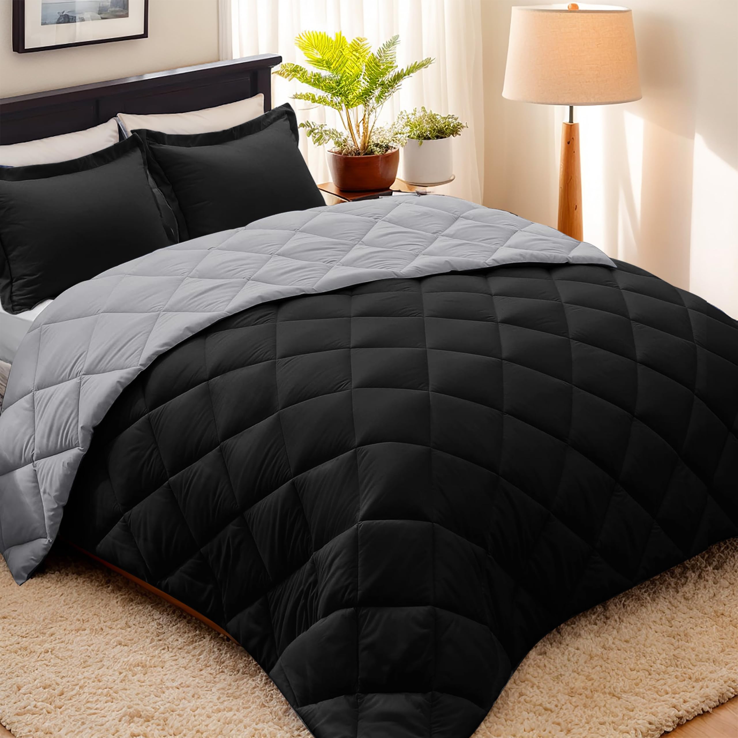 HIG 3pc Black King Size Comforter Set -All Season Reversible Down Alternative Comforter with Two Shams -Quilted Duvet Insert with Corner Tabs - Diamond Stitched Blanket - Breathable, Soft, Fluffy Image