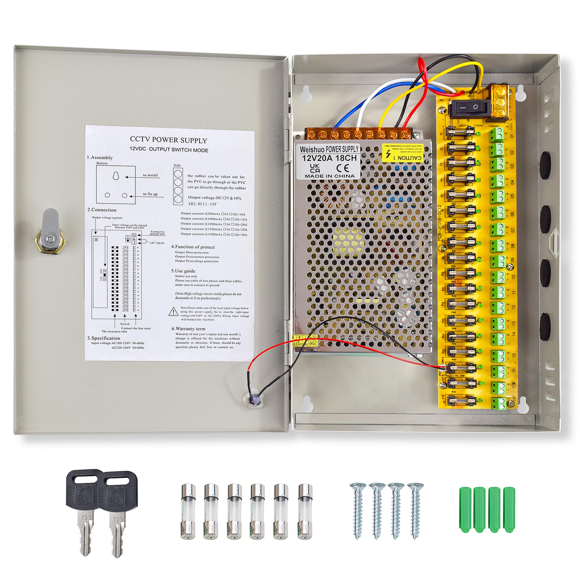 Weishuo DC CCTV Power Supply Box - 18 Channel 20A 240W 12V Distribution Box for CCTV Camera & DVR, Wired Indoor Security Power Supply with Overload/Short Circuit Protection, Wall Mount