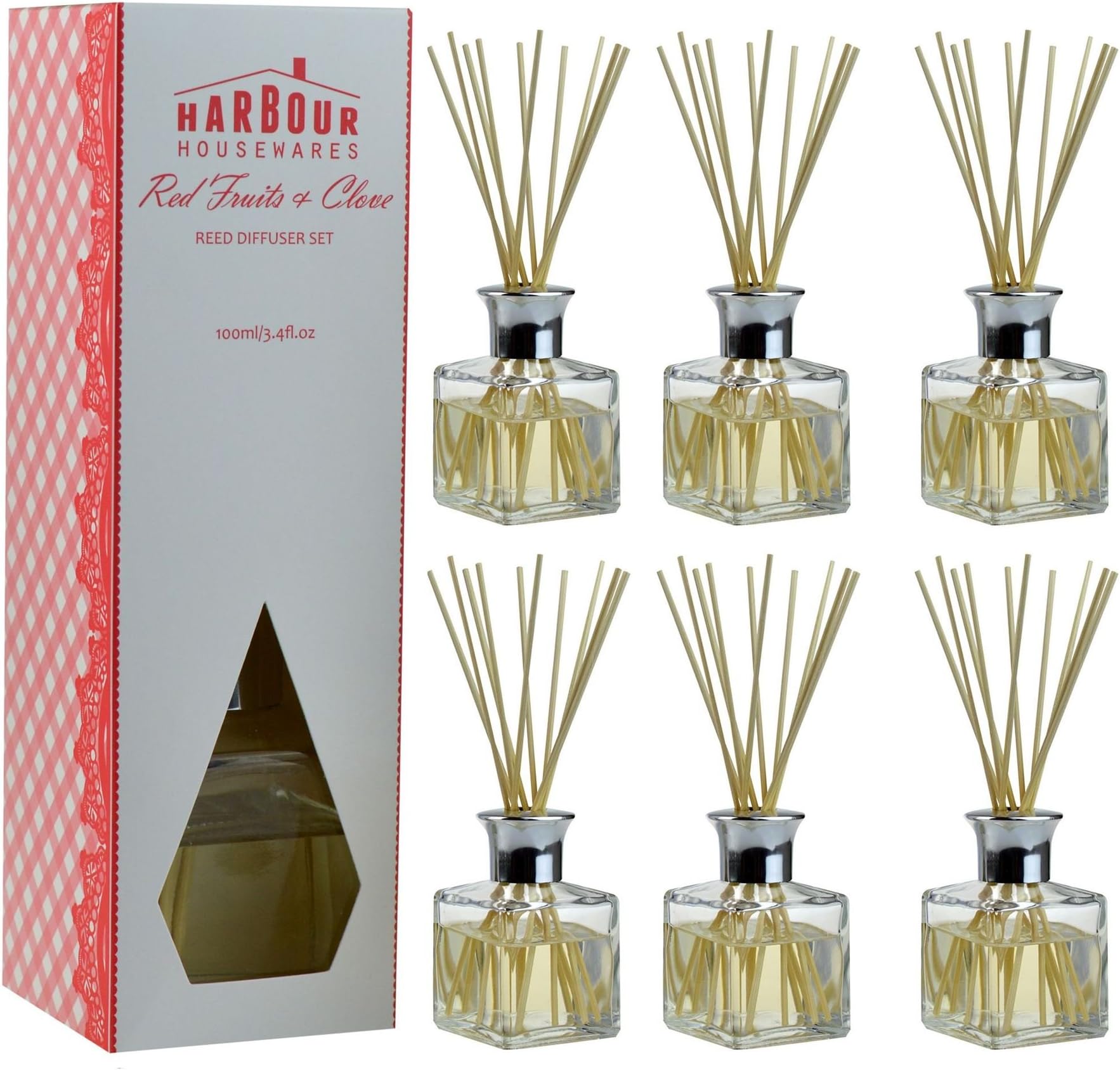 Harbour Housewares Red Fruit & Clove Scented Reed Diffuser Air Freshener Set. 100ml - Pack of 6