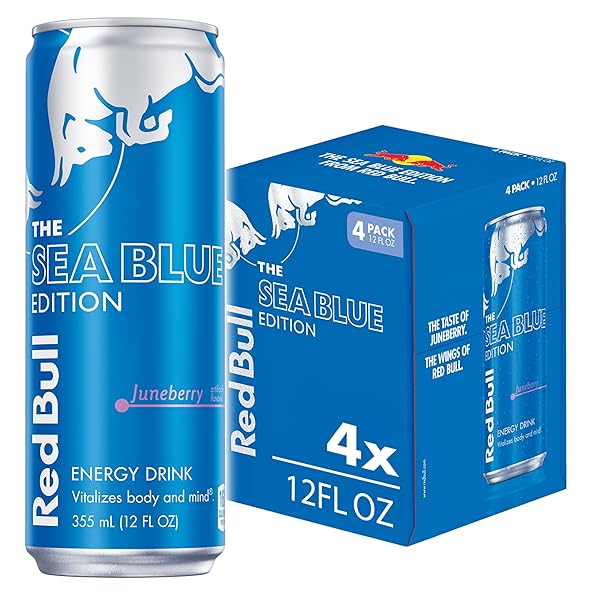 RED BULL SEA BLUE EDITION ENERGY DRINK, JUNEBERRY, WITH 114MG CAFFEINE PLUS TAURINE & B VITAMINS, 12 FL OZ, PACK OF 4 CANS
