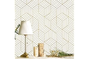 CICIWIND White and Gold Peel and Stick Wallpaper Geometric Hexagon Wallpaper Removable Self Adhesive Wall Paper Gold Striped Vinyl Contact Paper for Cabinets Shelf Drawer Renter Friendly 15.7"x118" Upgrade