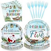 96Pcs Fishing 5th Birthday Party Decorations Gone Fishing Five Paper Plates and Napkins Ofishally Five Disposable Tableware Set for Fisherman Baby Shower 5th Birthday Party Supplies, Serves 24