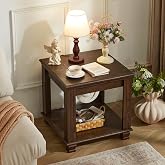 SAVOR LIFE Farmhouse End Tables for Living Room, Walnut | Large Square Side Tables with 2-Tier Storage Shelf &amp; Thickened Tabletop &amp; Square Wooden Legs
