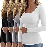 Ficerd 4 Pack Women's Long Sleeve T Shirts Scoop Neck Basic Tight Slim Fit Tops Casual Fashion Tee Shirts