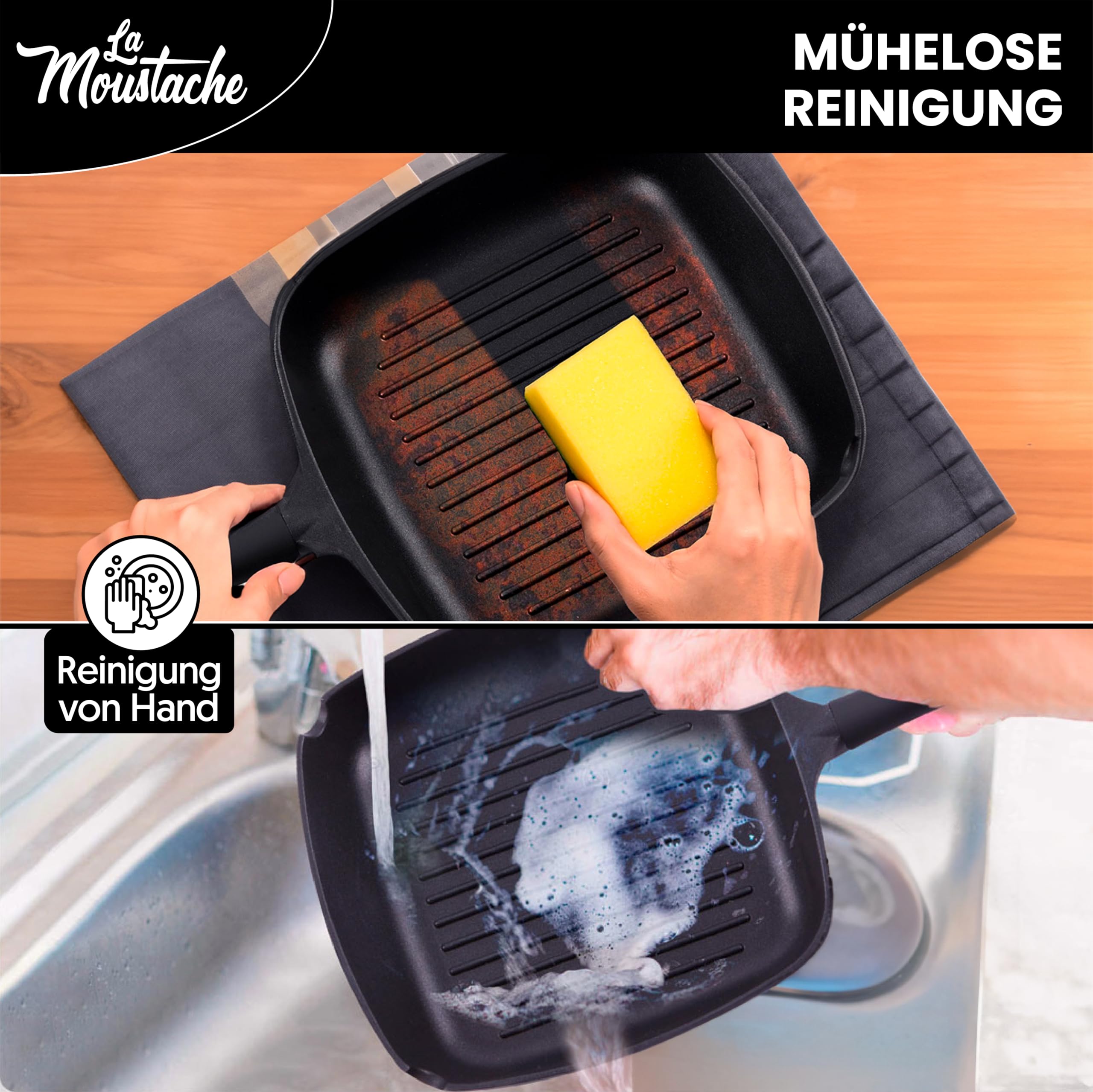La Moustache - Grillpfanne 28 cm mit Glasdeckel, Quadratische Pfanne PFOA-Freie, Optimale Wärmeverteilung, Griddle Pan/Bratpfanne für Halogen, Gas, Elektro, Induktion, Ceran Kochfelder 7