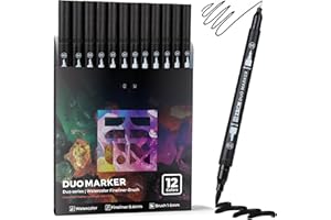 Black Duo Tip Marker Pens, 12 Pack Fine & Brush Markers for Adult Coloring Books No Bleeding, Jet Black Markers for Outlining
