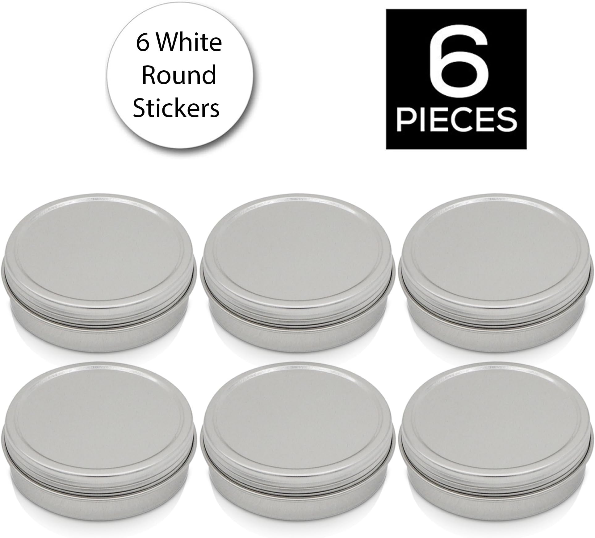[6 Pack] Simba Homes™ Screw Top Round Steel Tin Cans 2 oz (60 ml) with Self Adhesive White Round Stickers
