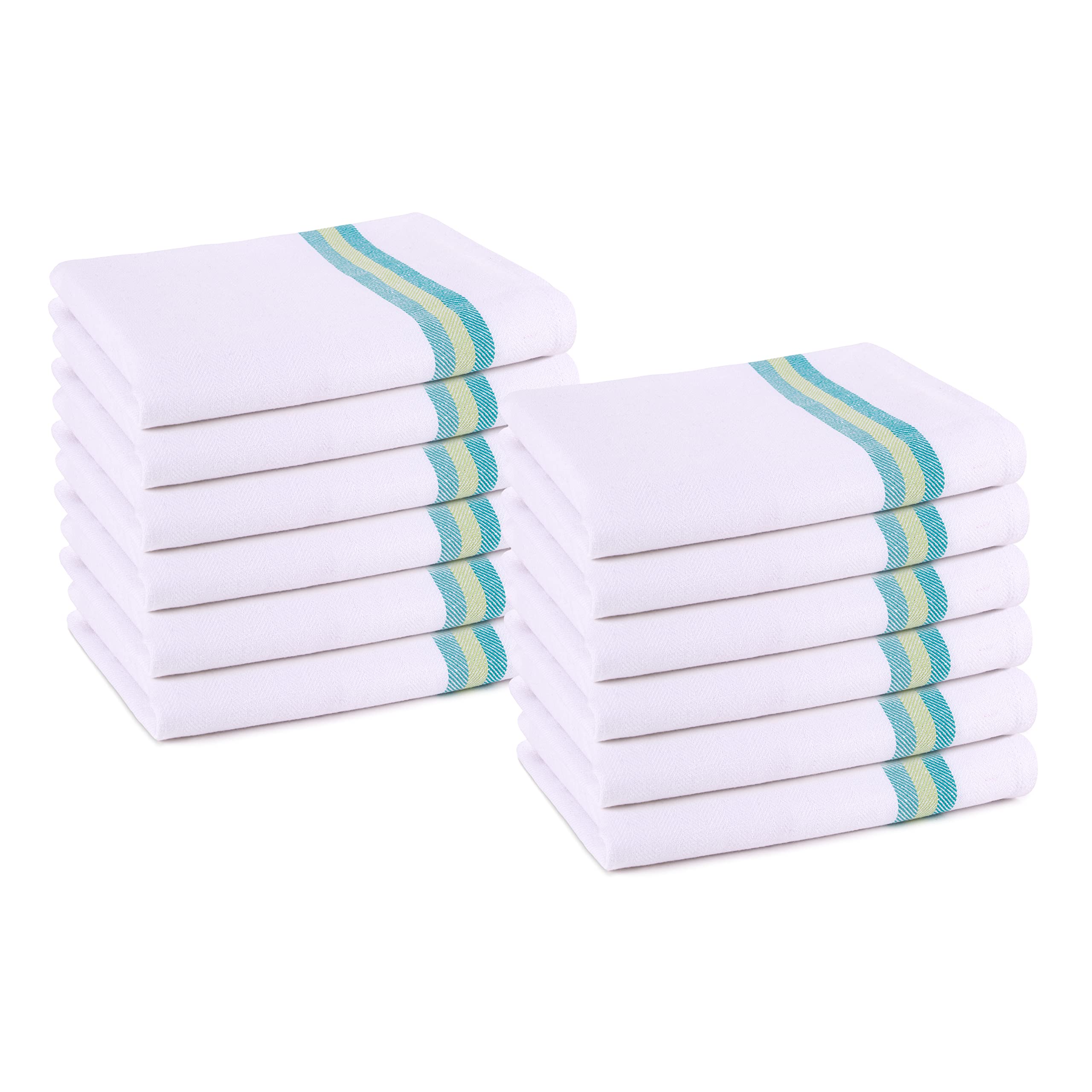 Pagnanno Tea Towels, Soft and Absorbent – Multi Pack of Large Classic Herringbone Weave, Lint Free, Cotton Kitchen Dish Towels 45x70 cm in White with blue, green and orange stripes (Green Stripe, 12)