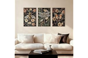 Zessonic Dark Green Vintage Dragonfly Bee Butterfly Wall Art Framed, Maximalist Nature Animal Flower Botanical Abstract Canvas Prints Decor for Bedroom Living Room - Set of 3, 16x24 Inch - Ready to Hang