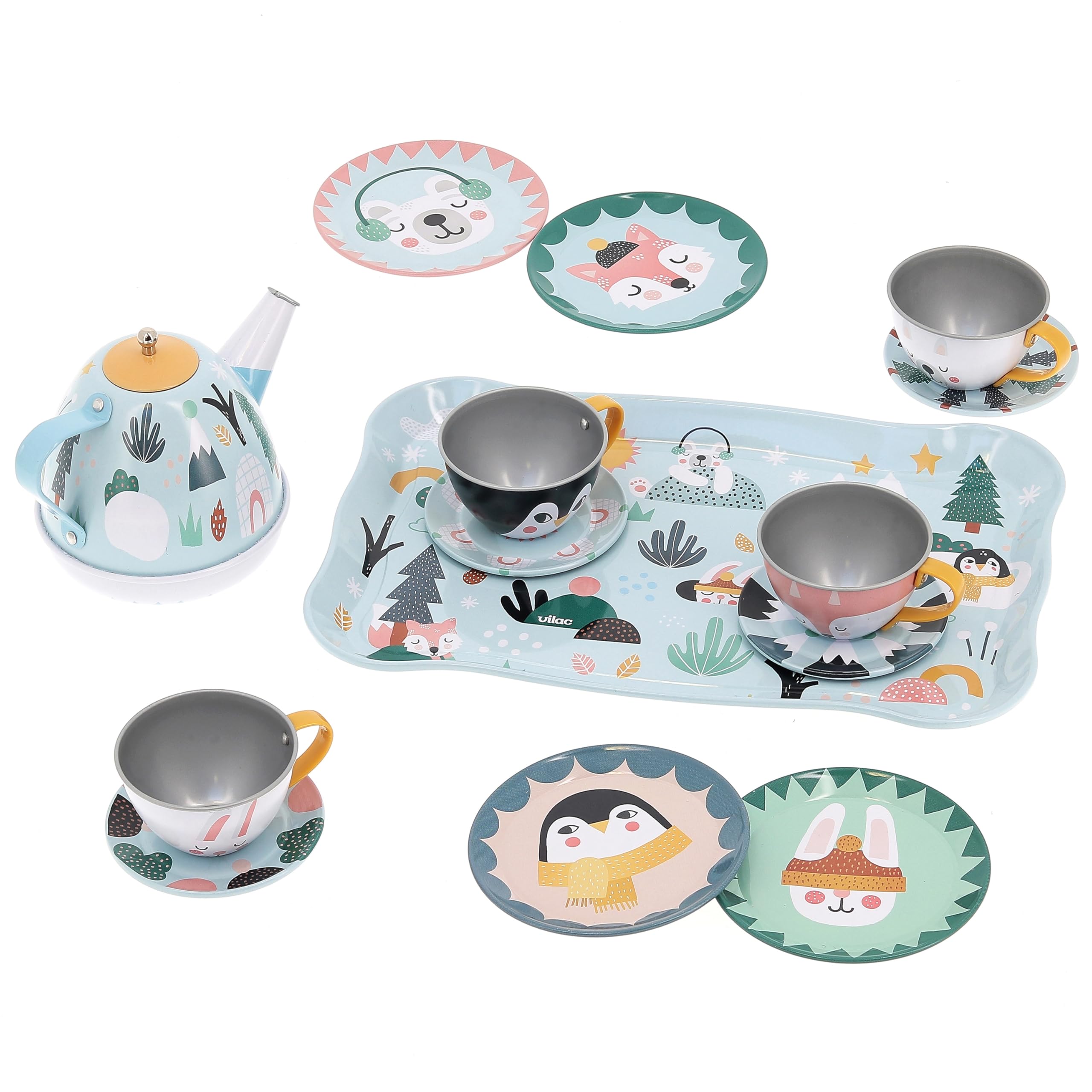 Vilac Musical Metal Tin Tea Set, Kitchen Pretend Play, Iceland Theme Illustrated By Graphic Designer Michelle Carlslund, 14 Pieces, 3 Years+
