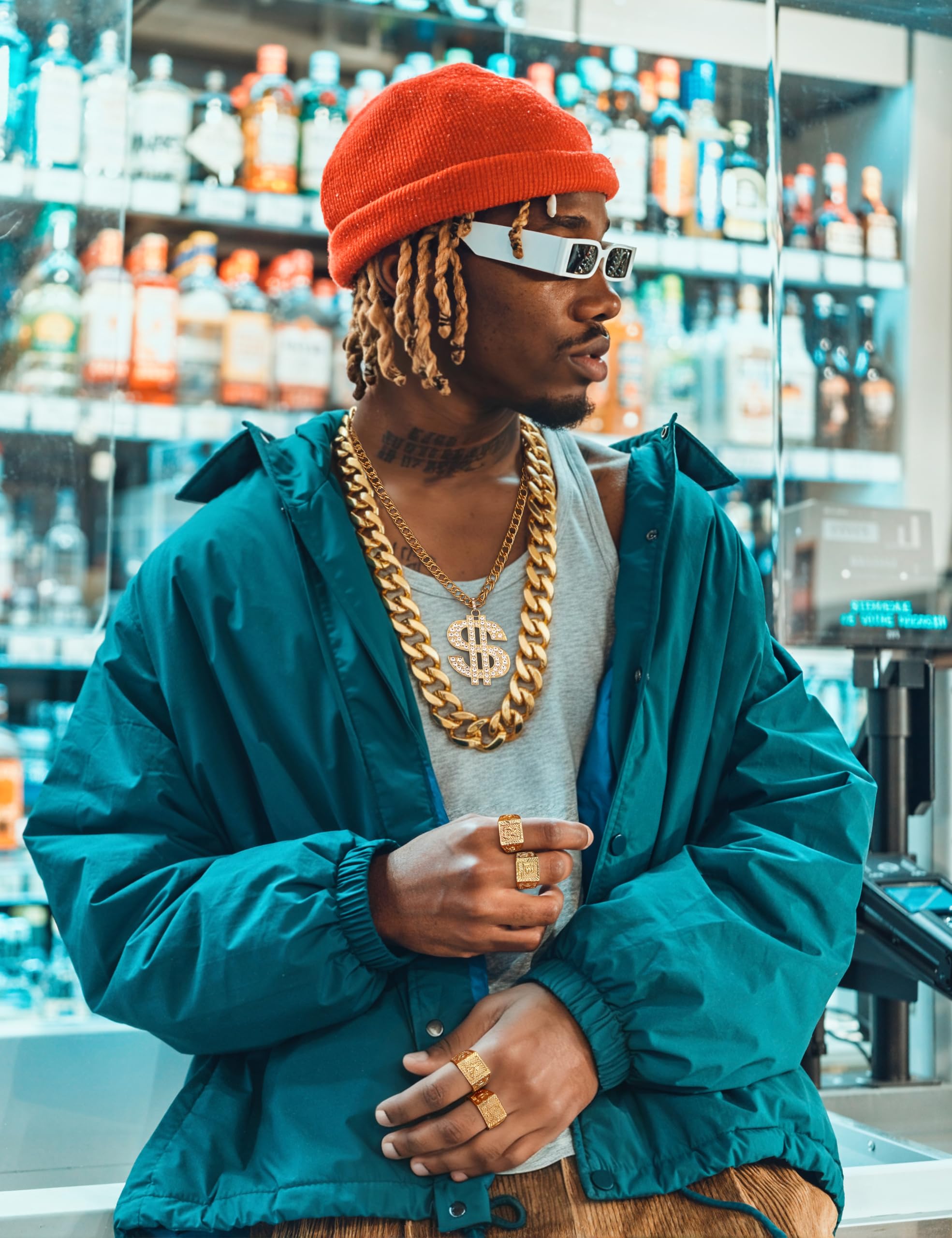 FIBO STEEL 80s 90s Accessories Outfit for Men Women Hip Hop Costumes Outfit Fake Gold Chains Dollar Sign Necklaces and Kanji Blessing Lucky Rings Set 80s 90s Party Jewelry