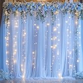 Baby Blue Sheer Tulle Backdrop Curtains with Lights String for Parties Baby Shower Decorations for Boy Bridal Shower Birthday Party Photo Shoot Background Wall Decorations 10&times;8ft(2 Panels 5&times;8ft)