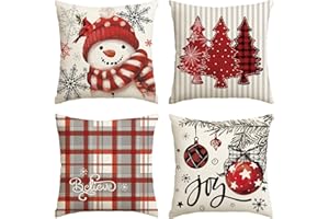 AVOIN colorlife Winter Snowman Joy Snowflake Christmas Red Throw Pillow Covers, 18 x 18 Inch Xmas Tree Winter Holiday Buffalo Plaid Cushion Case Decoration for Sofa Couch Set of 4