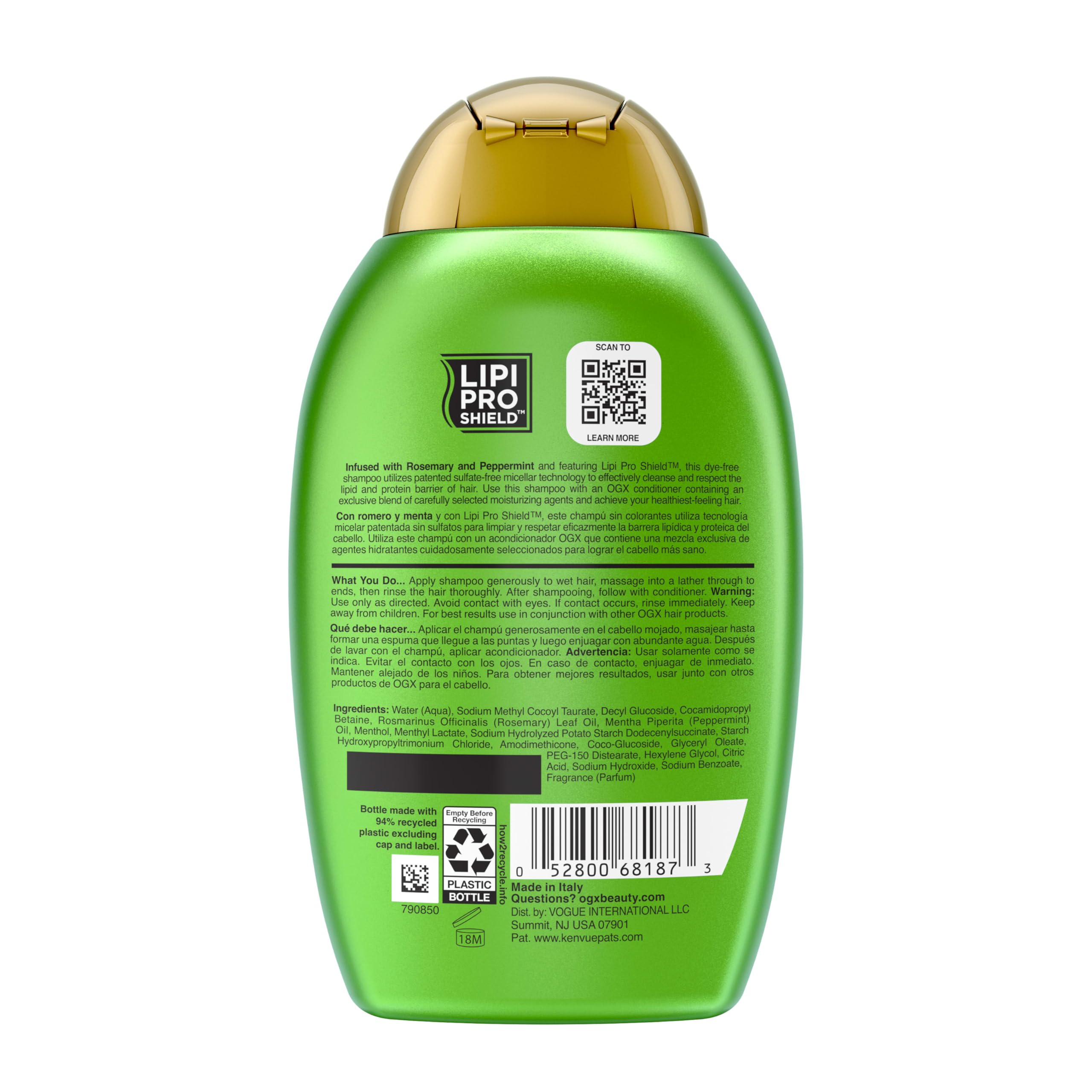 OGX Clarifying Strength + Rosemary Mint Shampoo, Clarifying Shampoo for Oily Hair Visibly Helps Remove Oil & Residue to Clear Away Buildup, Sulfate-Free Surfactants, 13 fl. oz