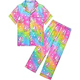 Nidoul Girls Pajamas Silky Short Sleeve Long Pants Cute Jammies Satin Sleepwear Pjs Set for Toddler Kids 3T-10Y