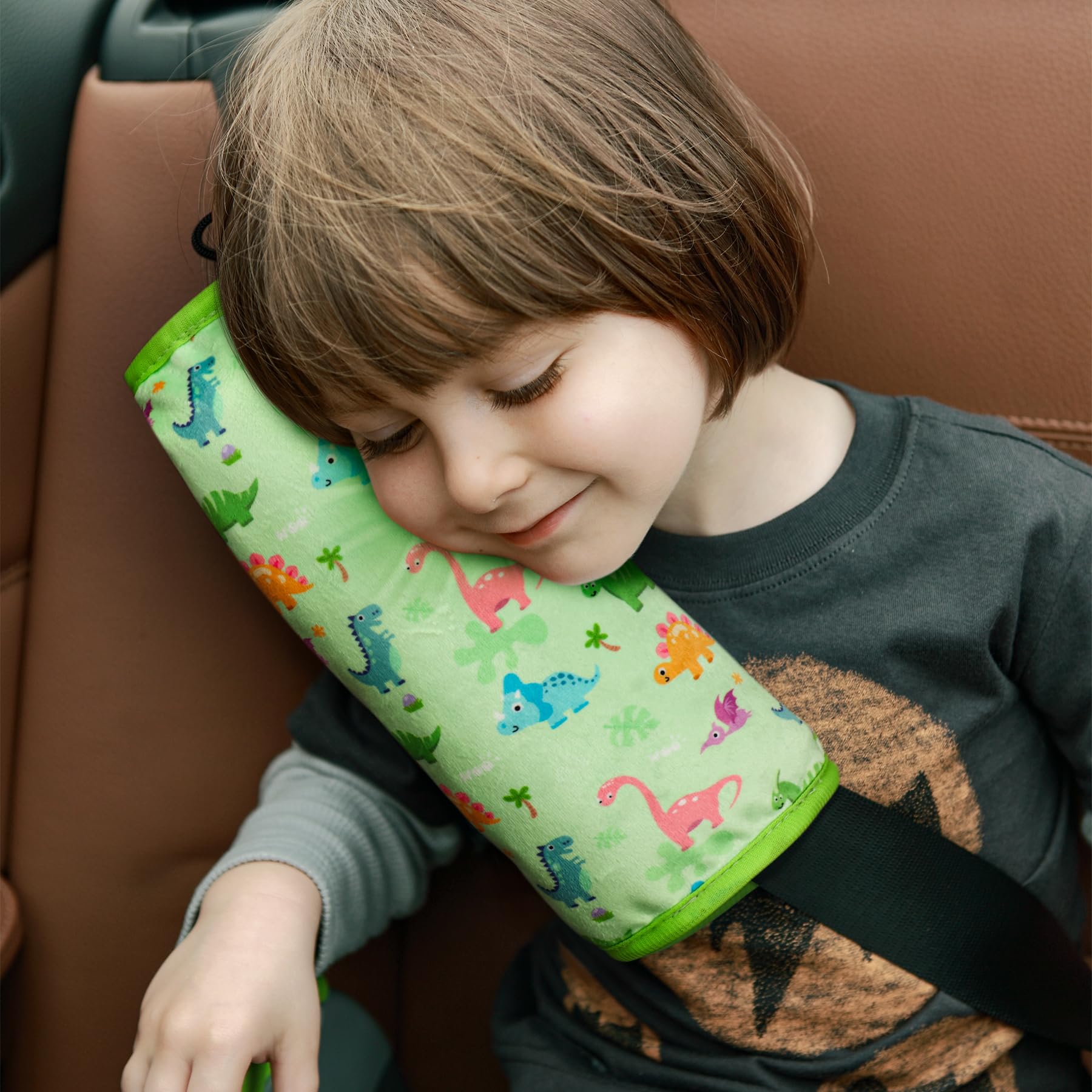 Photo 1 of COOLBEBE Seat Belt Pillow for Kids, Extra Soft Toddler Travel Pillow for Car Seat, Universal Carseat Strap Cushion Pads for Childs Baby People Adults, Green Dinosaurs