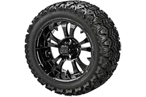 RM Cart - 12" Warlock Gloss Black on 20x10-12 Sierra Sport Tires (Set of 4), Fits Yamaha carts, Golf Cart Tires and Wheels Combo, Can be Used on Lawn Mowers and ATV's