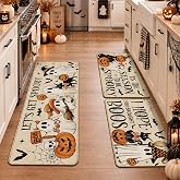 Drydiet 3 Pcs Halloween Ghost Kitchen Rug and Mat Boo Spooky Floor Mat | Non Slip Farmhouse Runner Rug, Black Cat Jack-o'-lantern Anti-fatigue, Cute Halloween Kitchen Decor for Home Bathroom Office