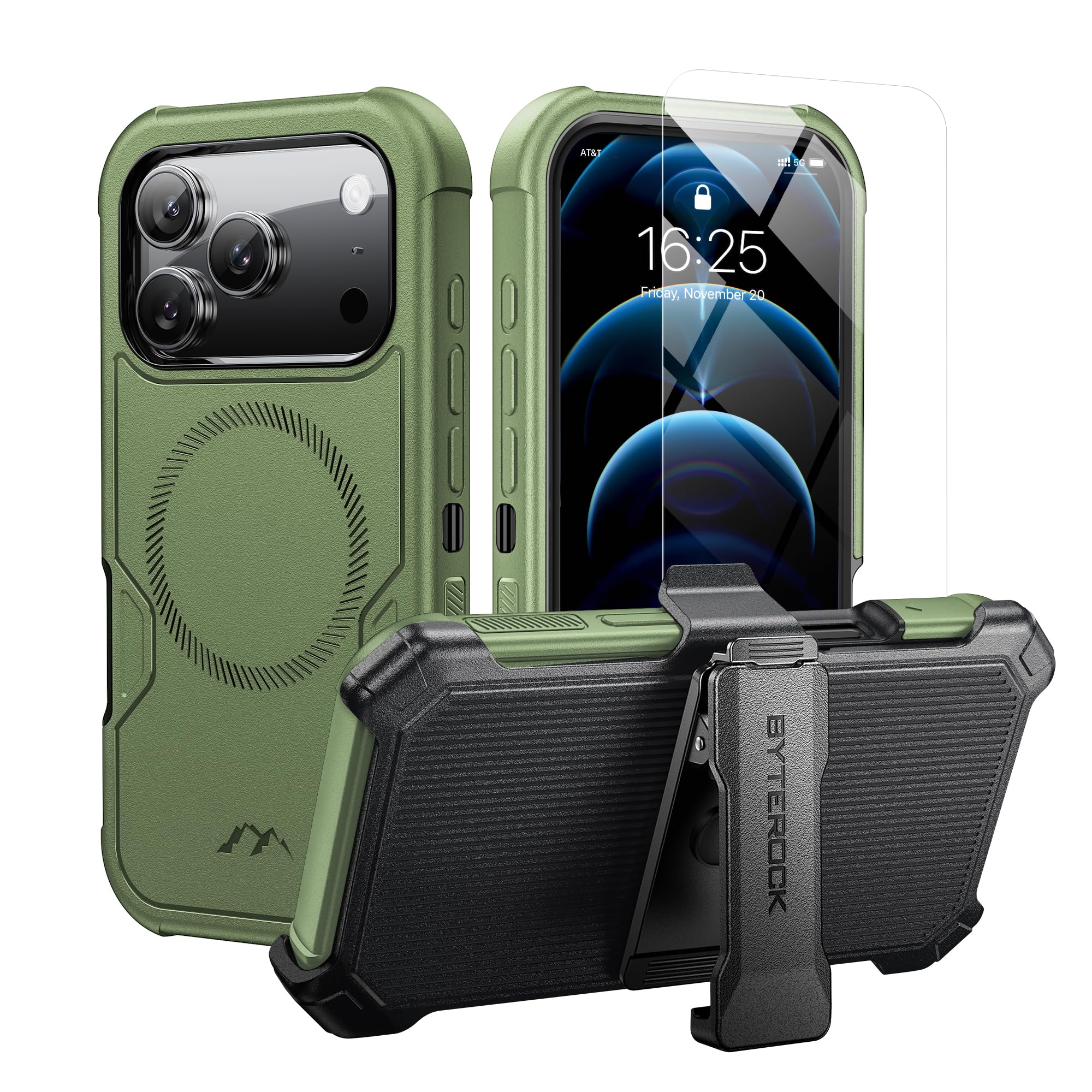 Photo 1 of ByteRock for iPhone 17 Pro Case 6.3" with Belt Clip Holster,Anti-Drop,Shockproof,Heavy Duty Protection,Compatible with MagSafe,w/Screen Protector,with 360°Rotating Kickstand?Green
