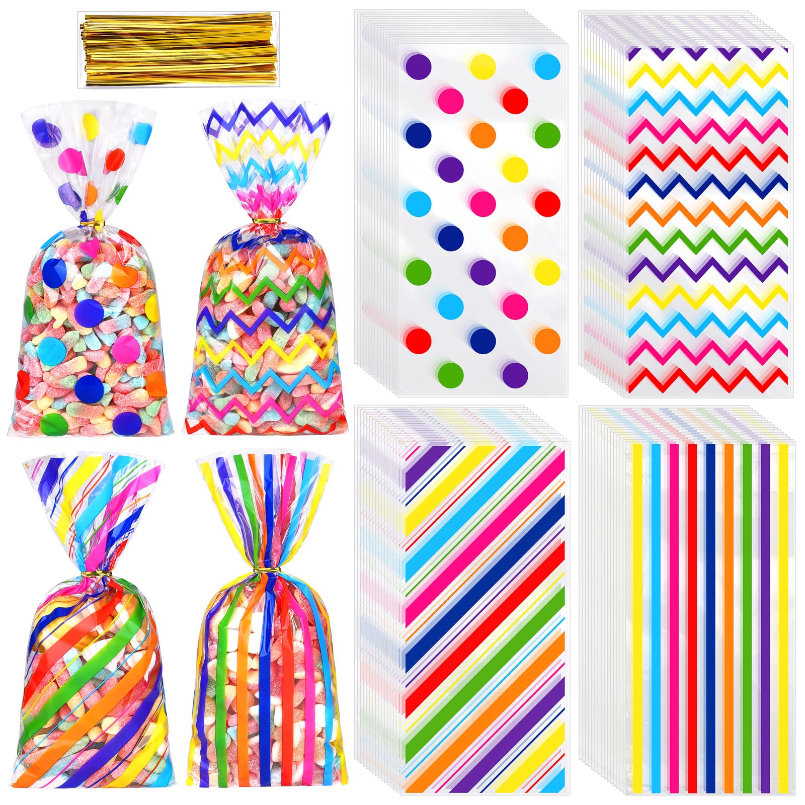 Aodaer 100 Pieces Rainbow Cellophane Bags Plastic Candy Gift Bags Cellophane Treat Bags with Twist Ties Stripes Polka Dot Printed Pattern Goodie Bags for Birthday Weddings Party Favors
