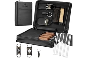 KEJIAR Cigar Humidor Case, Portable Cigar Box with Cigar V Cutter, Straight Cigar Cutter, Cigar Punch, Cigar Humidifier Packs, Travel Humidor and Cigar Accessories Gift Set Leather Cigar Case (Black)