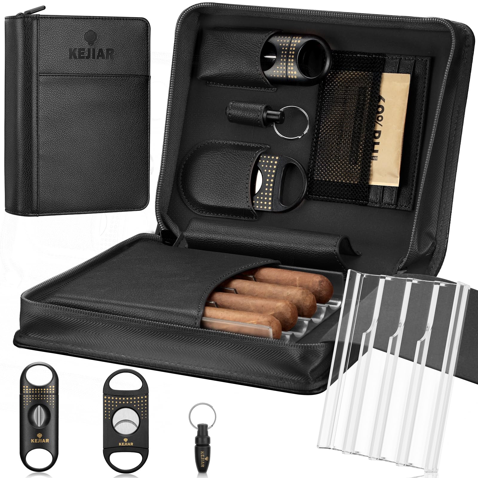 Photo 1 of KEJIAR Cigar Humidor Case, Portable Cigar Box with Cigar V Cutter, Straight Cigar Cutter, Cigar Punch, Cigar Humidifier Packs, Travel Humidor and Cigar Accessories Gift Set Leather Cigar Case (Black)