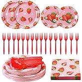 Layhit 192 Pcs Strawberry Plates and Napkins Tableware Set Plastic Forks Summer Fruit Party Supplies Disposable Strawberry Birthday Decoration Serve for 48 Guests Baby Shower Birthday Summer Fruit 1st