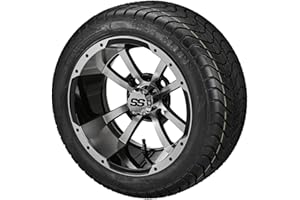 RM Cart 12" Maltese Cross Black/Machined on 215/40-12 LSI Elite Tires (Set of 4), Fits Club Car & EZGo Carts, Golf Cart Tires and Wheels Combo