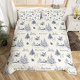 Erosebridal Navy Blue Christmas Duvet Cover Queen Size with 2 Pillowcases, Winter Village Bedding Set for Kids Adults, Christmas Tree Reindeer Pattern Duvet Cover Set, Xmas Holiday Quilt Cover