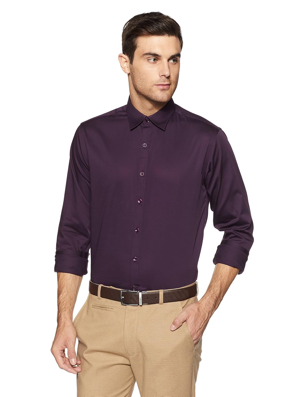 wills lifestyle men's solid slim fit dress shirt