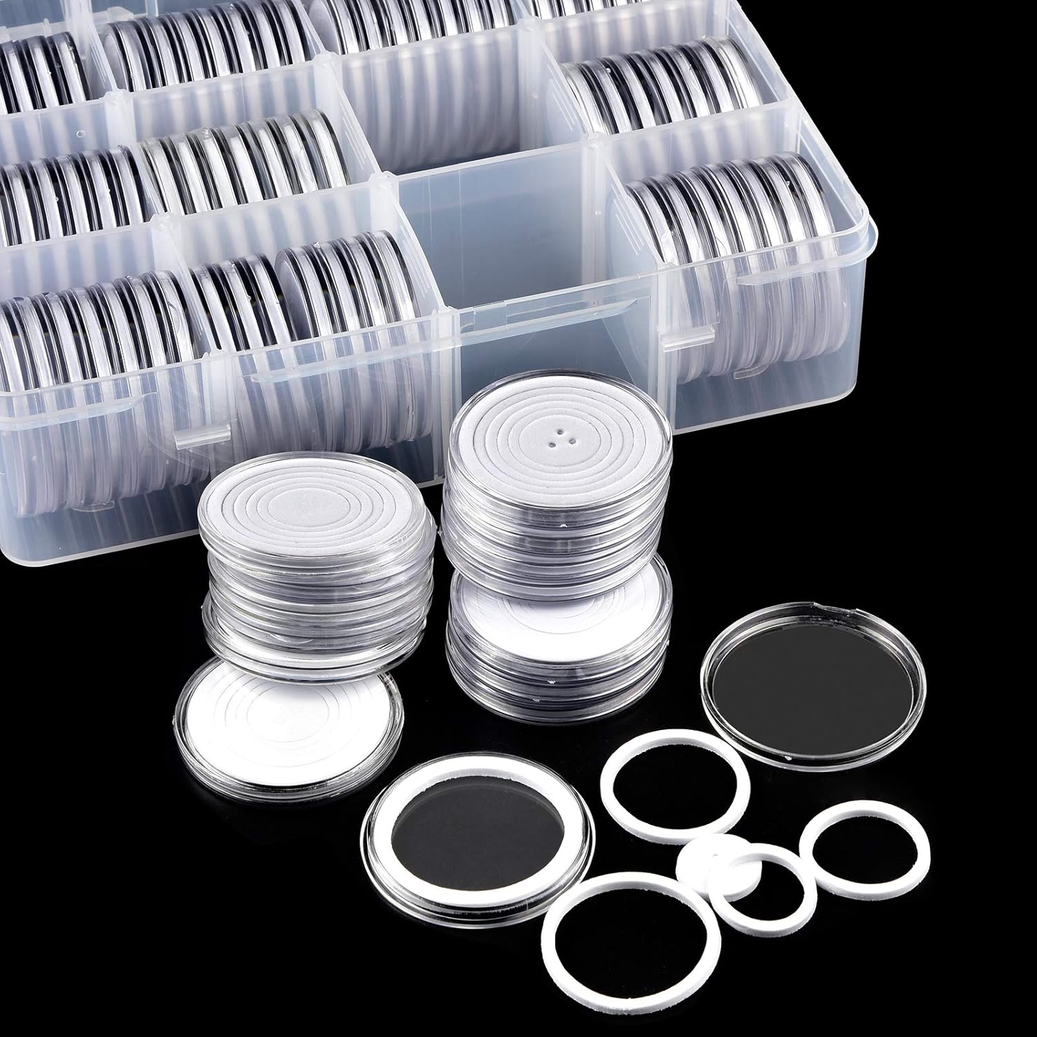 84 Pieces 46 mm Coin Capsules, with Foam Gasket and Plastic Storage Organizer Box, Coins Holder Collector Case for Coin Collection Supplies 6 Sizes (20/25/27/30/38/46mm) - Transparent : Office Products