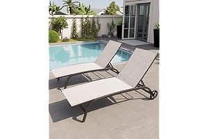 Crestlive Products Outdoor Chaise Lounge Chairs with Wheels Set of 2, Pool Lounge Chairs with 5 Adjustable Position for Patio, Poolside, Yard, Beige