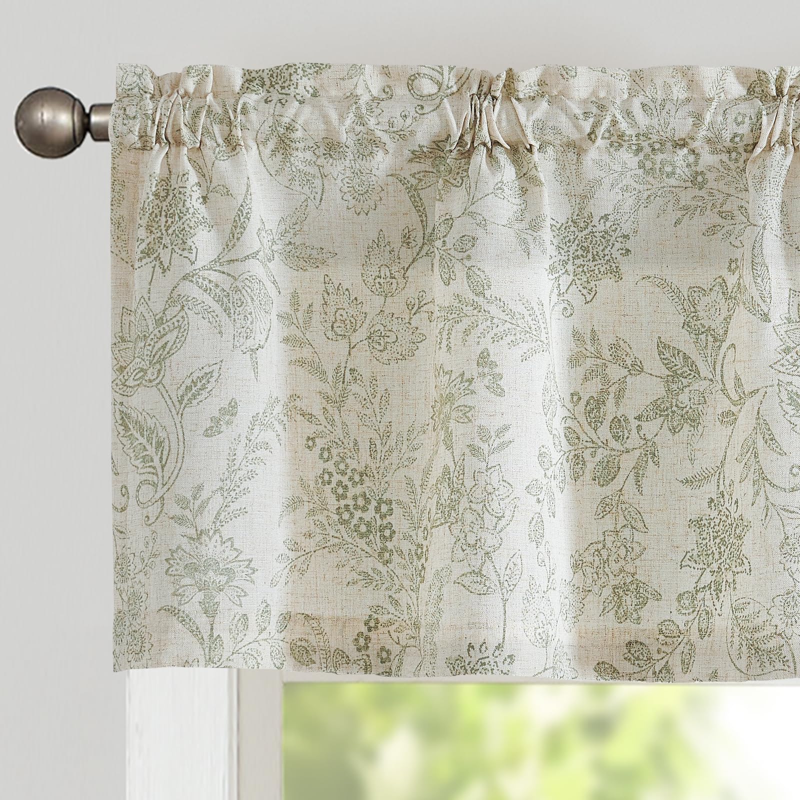 TOPICK Floral Kitchen Curtains Small Cafe Curtains Short Light Filtering Curtain Valance for Bathroom Sink Cupboard Rod Pocket 1 Panel Green 16 Inch Drop